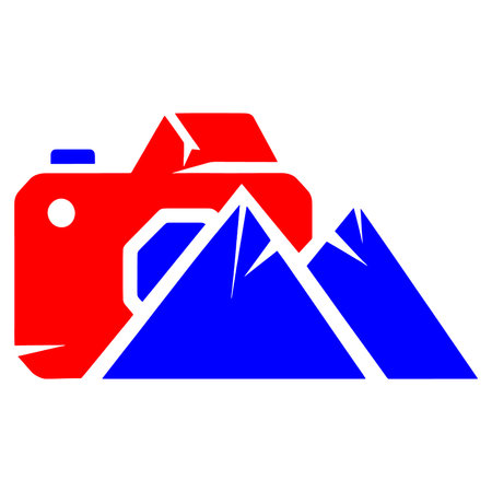 A red camera icon with blue mountain range graphic on white background