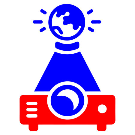 Graphic illustration of a red projector with a blue globe emitting light beams isolated on white...