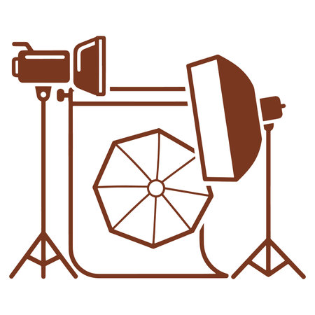 Brown studio flash light and softbox photography equipment setup with umbrella reflector on stands for product and portrait photography lightingのイラスト素材