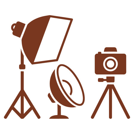 Brown softbox light reflector light and camera on tripods isolated on white backgroundのイラスト素材