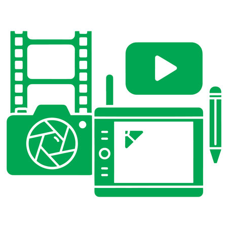 Green icons of camera film video play button and mobile phone with pencil isolated on white...