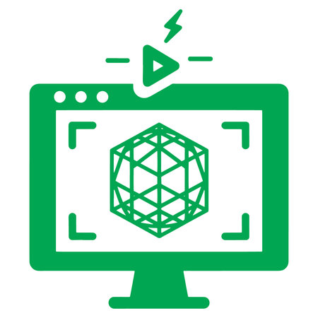 Green computer monitor icon with play button and geometric shape on screen isolated on white...