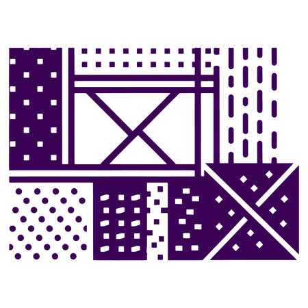 A purple geometric pattern featuring various shapes and lines on a white background
