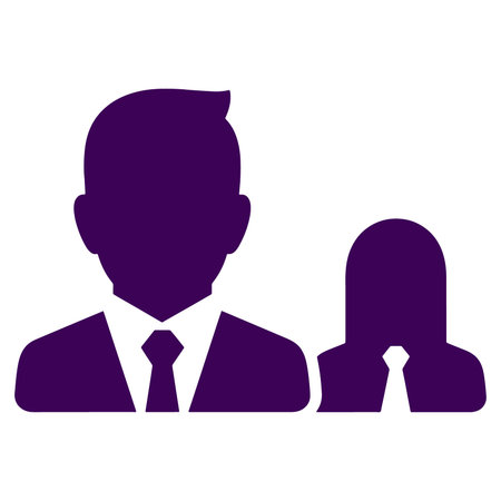 Two purple silhouettes one man and one woman in business clothes isolated on white backgroundのイラスト素材
