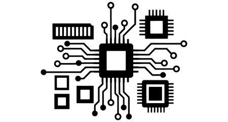 Black and white illustration of a computer circuit board with various components and wires isolated...