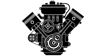 Black car engine with cylinders and gears on white background