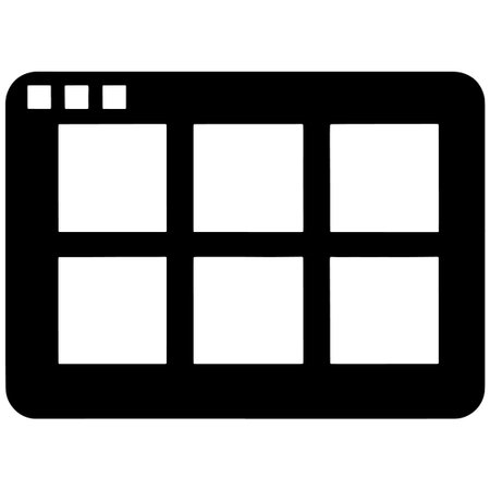 A black film strip icon with six white frames and three small squares at the top left corner on a...