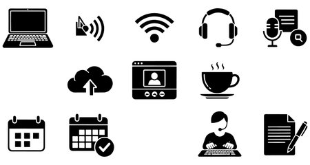 Black and white set of various office and communication icons including laptop computer and calendar...