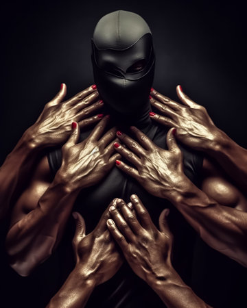 Cyborg and human hands on dark background. Cybercrime concept.の素材