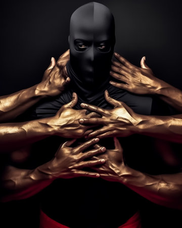 Hands of a man in a black mask against a dark background.の素材