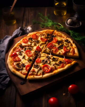 Pizza with mushrooms and tomatoes on a wooden background. Toned.の素材