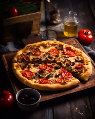 Pizza with mushrooms, tomatoes and olives on a wooden backgroundの素材