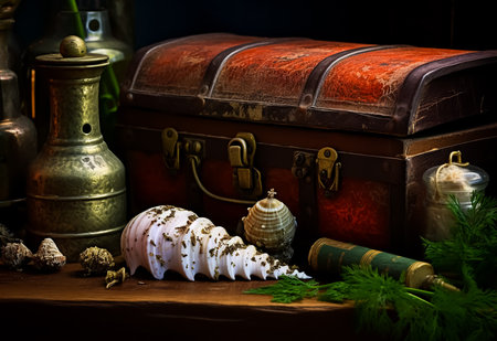 Still life with a treasure chest and seashells on a dark backgroundの素材