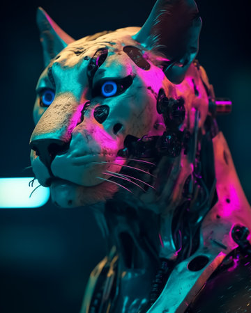 Close-up portrait of the head of a female tiger in a neon light.の素材