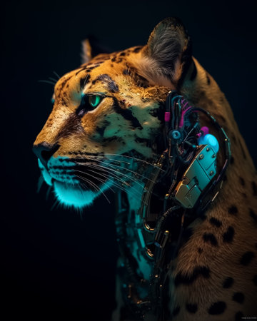 Close up portrait of a beautiful leopard with headphones. Studio shot.の素材