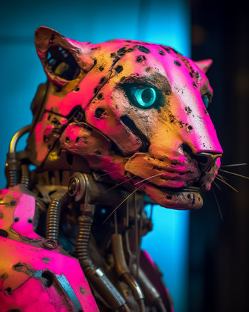 A closeup shot of a robot's head with a colorful backgroundの素材