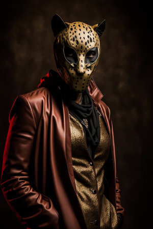 Fashion shot of a leopard in a leather jacket and mask.の素材