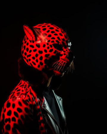Fashion portrait of a leopard in a leather jacket on a black backgroundの素材