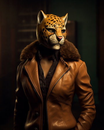 Fashionable leopard in a leather jacket. 3d rendering.の素材