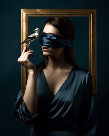 Portrait of a beautiful girl in a blue dress with a black blindfoldの素材