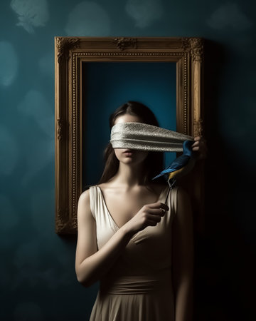 Portrait of a beautiful young woman with blindfold in front of a mirrorの素材