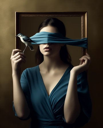 Portrait of a beautiful young woman in a blue dress with a bird in her eyesの素材