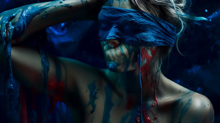 Close-up portrait of a beautiful girl with blood on her faceの素材