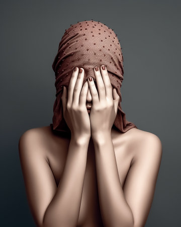 Portrait of a beautiful young woman covering her face with a bandageの素材