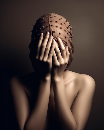 Portrait of a young woman covering her face with a pillow.の素材