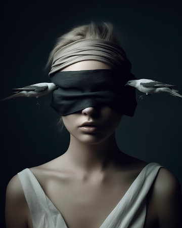 Fashion portrait of beautiful young woman with birds on her head.の素材