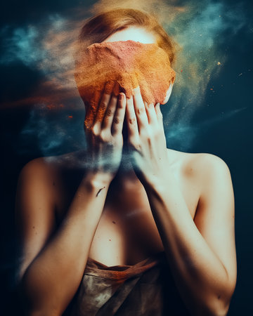 Portrait of a beautiful young woman covering her face with a cloth.の素材