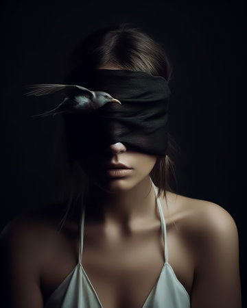 Beautiful young woman with blindfold on her eyes and bird in her hairの素材