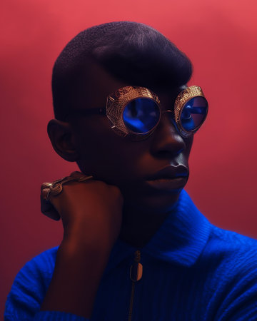 Portrait of a young African-American man in a blue sweater and sunglassesの素材