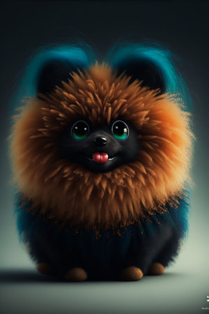 Funny pomeranian dog with funny expression on dark background.の素材