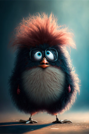 Funny little penguin with big eyes, fluffy fur coat and blue eyes.の素材