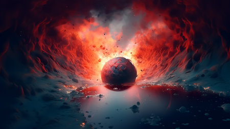 3D illustration of a planet in space surrounded by fire and smokeの素材