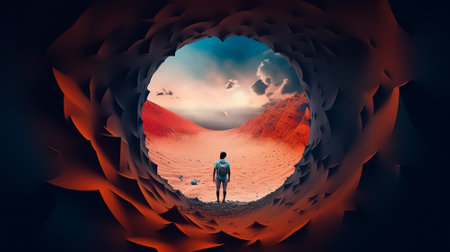 Surreal 3d rendering of a woman standing in a hole.の素材
