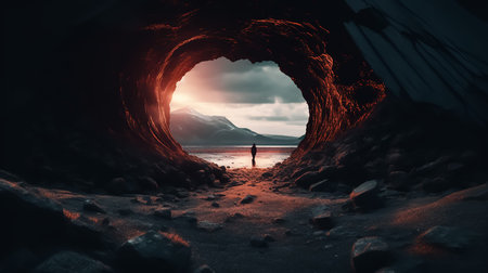 Man walking towards the exit of a cave. 3D rendering.の素材