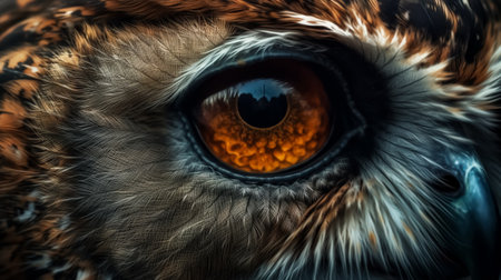 Close up of the eye of a wild owl with orange eyes.の素材