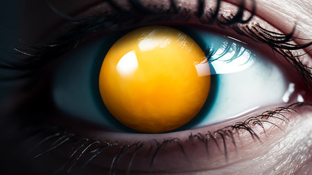 Close-up of human eye with yellow eye contact lens. 3D renderingの素材