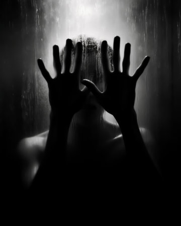 Black and white photo of a woman in the dark with her hands upの素材