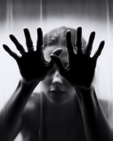 Silhouette of a woman covering her face with her hands.の素材