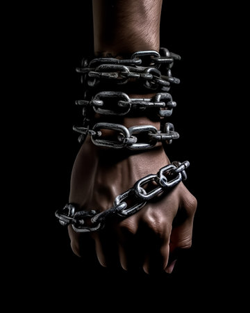 Man's hand in chains on a black background. Close-up.の素材