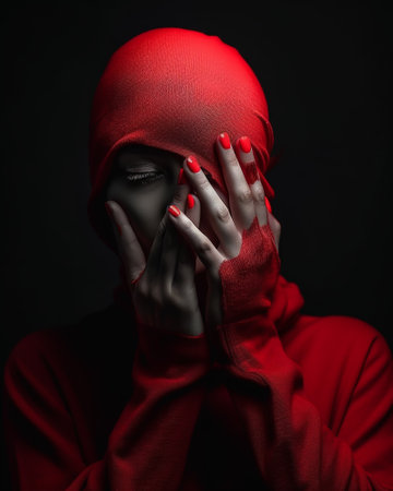 Young woman in red hoodie covering her face with her hands.の素材