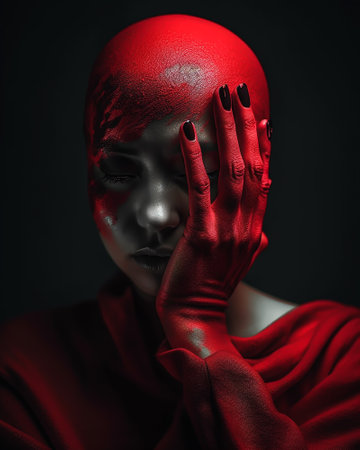 Portrait of a beautiful woman with red manicure on her face.の素材