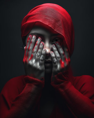 Portrait of a woman in a red hoodie covering her face with her handsの素材