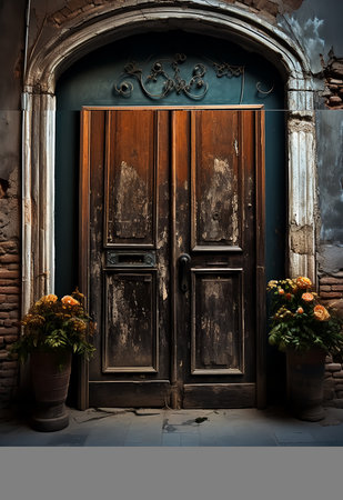 Old wooden door with flowers in the old town of Odessa, Ukraineの素材