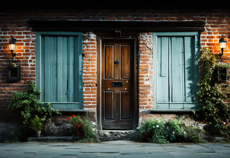 Old wooden door with green shutters on brick wall in the streetの素材