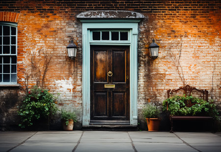 Old wooden door with lanterns on brick wall background in London, UKの素材