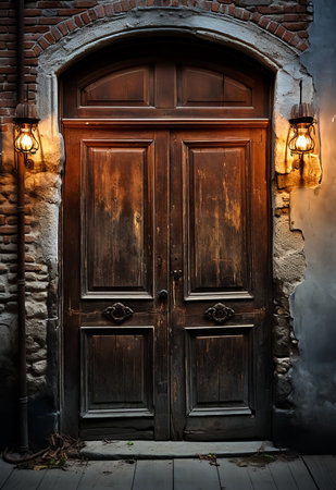 Old wooden door with lanterns in the old town of Lviv, Ukraineの素材